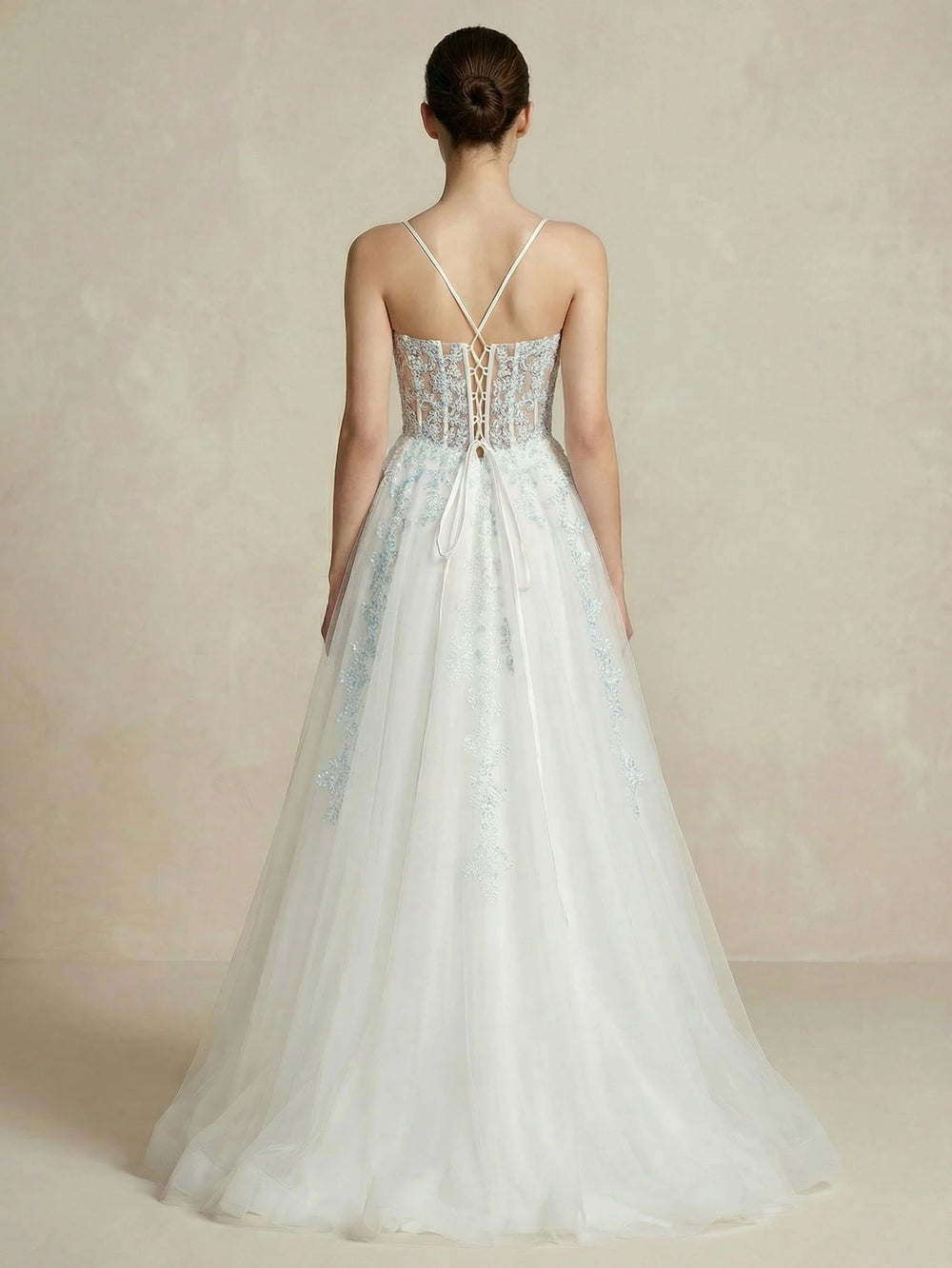 White lace embroidered bridal dress, open back with thin crisscross straps