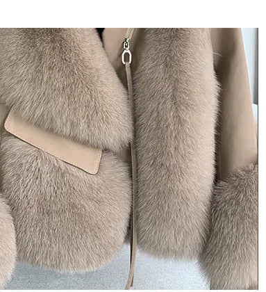 Women’s faux fur coat close-up of front zipper and pocket flap, light gray-beige