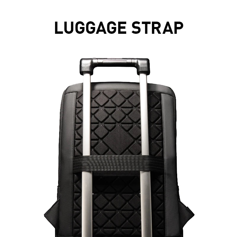 Dark backpack with built-in luggage strap and quilted back panel.