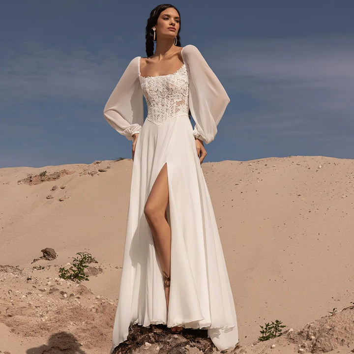 Chiffon bridal gown full-body front view with lace bodice, square neckline, front slit