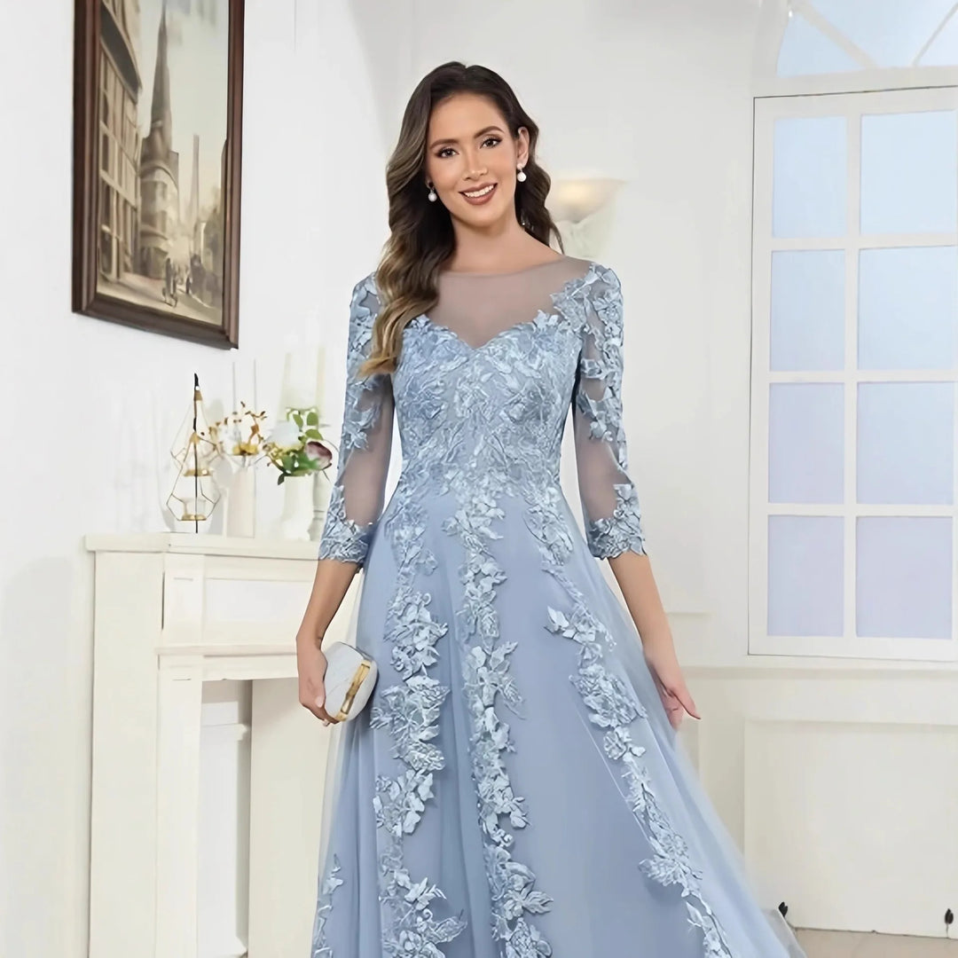 Blue lace slim-fit wedding gown with off-shoulder neckline and 3/4 sleeves