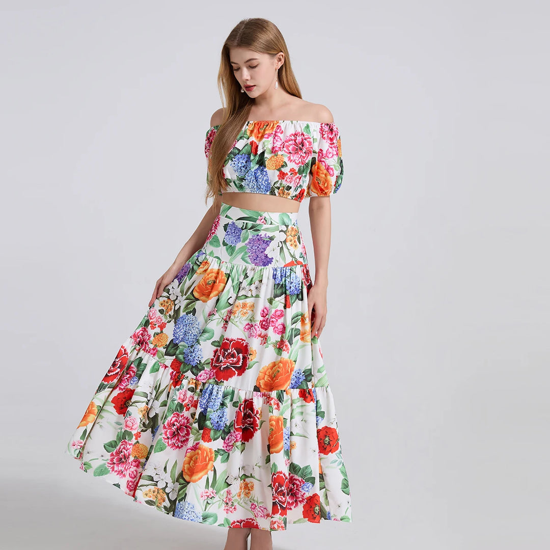 Stylish Slash Neck Beachwear Skirt Set