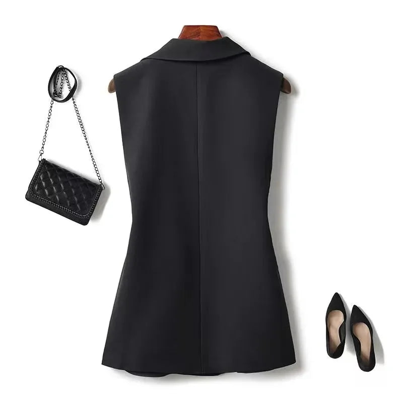 Black women’s sleeveless blazer waistcoat back view with structured shoulder seams