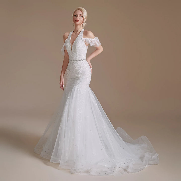 Off-Shoulder Pearls Crystal Belt Wedding Dress