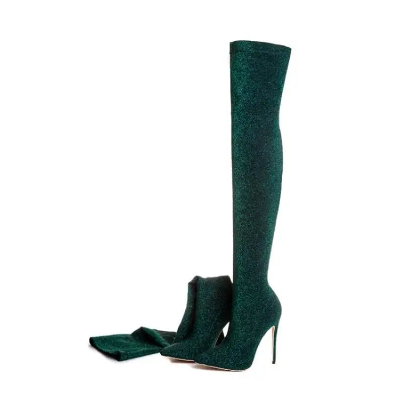 Thigh-high stretch fabric boots in deep green with slim high heel