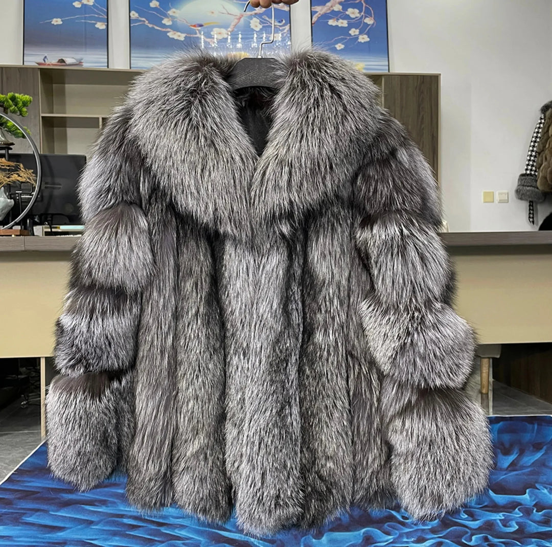 Grey mid-length real fox fur coat with open front and plush fur collar