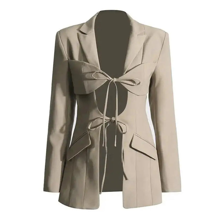 Light beige blazer with lace-up bow at the chest and notched lapels