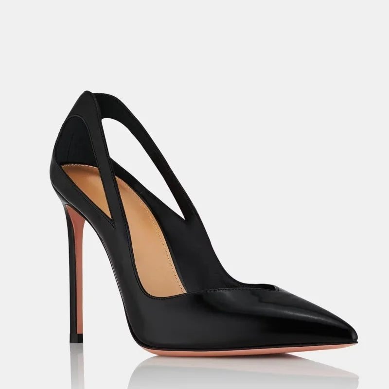 Black slip-on pointed-toe stiletto heel shoe with tan insole