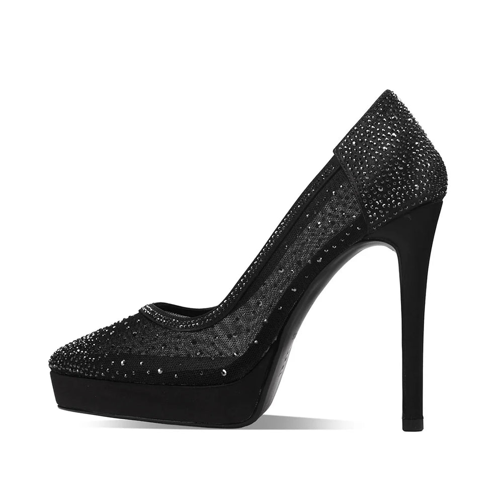 Black mesh crystal high-heel pump with pointed toe and tall stiletto heel
