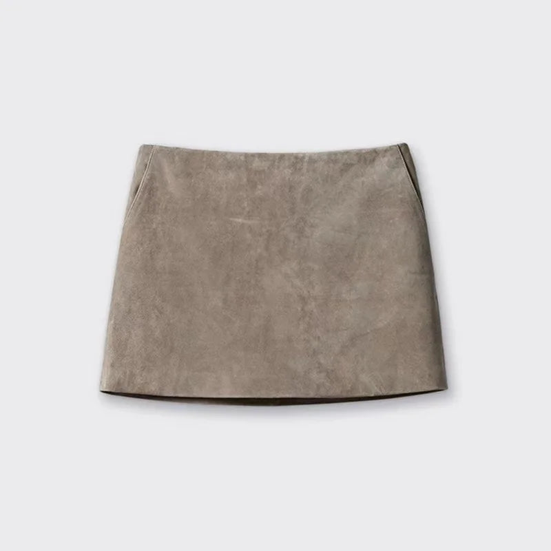 Grey suede A-line mini skirt with clean straight hem