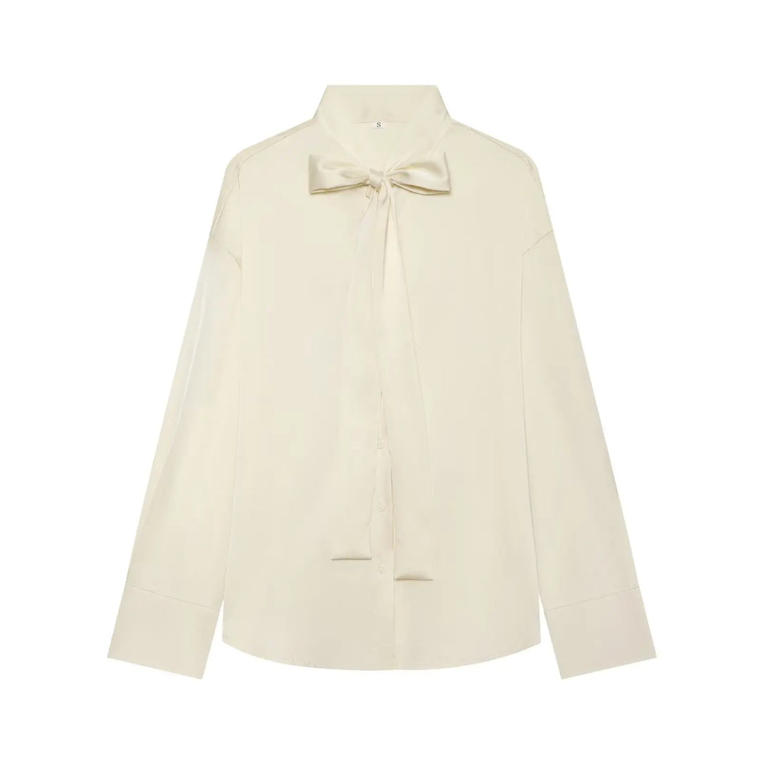 Beige satin blouse with bow tie neck and button-front long sleeves