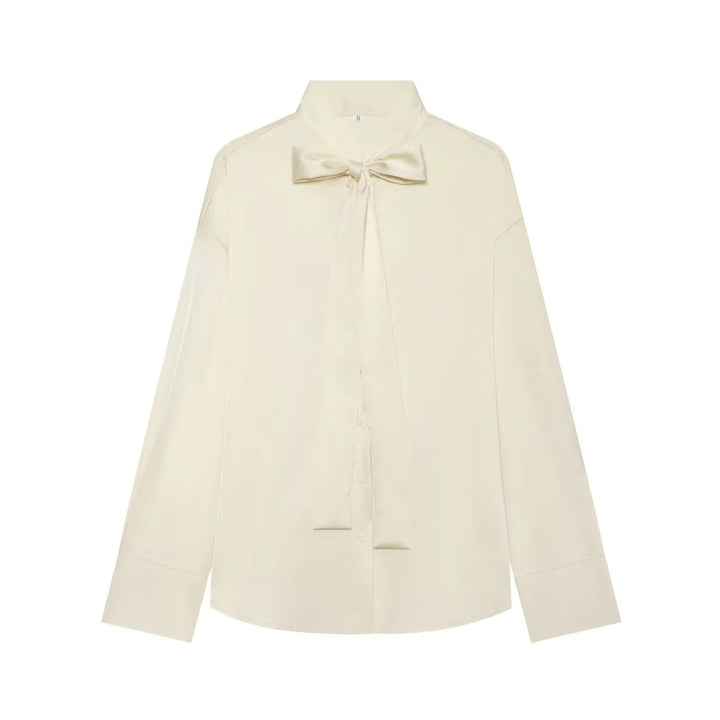Beige satin blouse with bow tie neck and button-front long sleeves