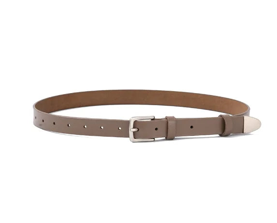 Women’s genuine leather waist belt in khaki beige with silver-tone buckle