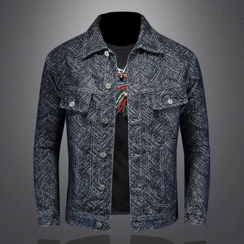 Men's blue jacquard denim jacket with pointed collar and button front pockets