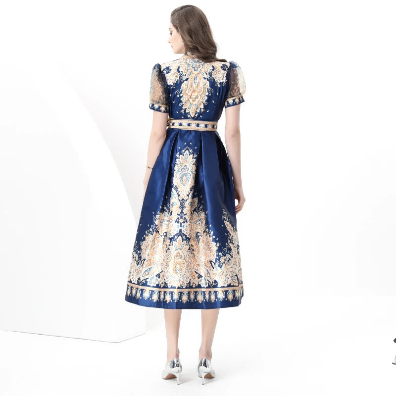 Puff Sleeve Sashes Lace-up Printed Dress