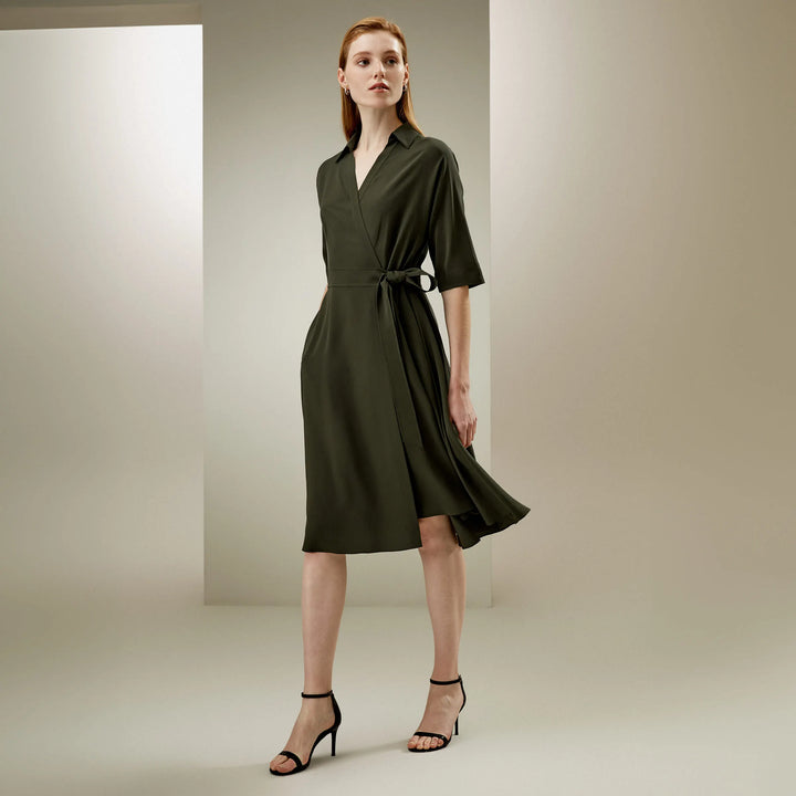 Relaxed Half-sleeves Front Tie Silk Wrap Dress