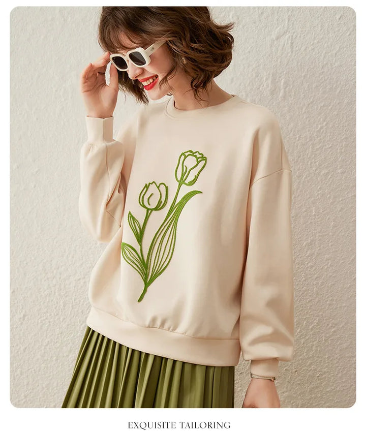 Fashionable Embroidered Flower Pullover Tops