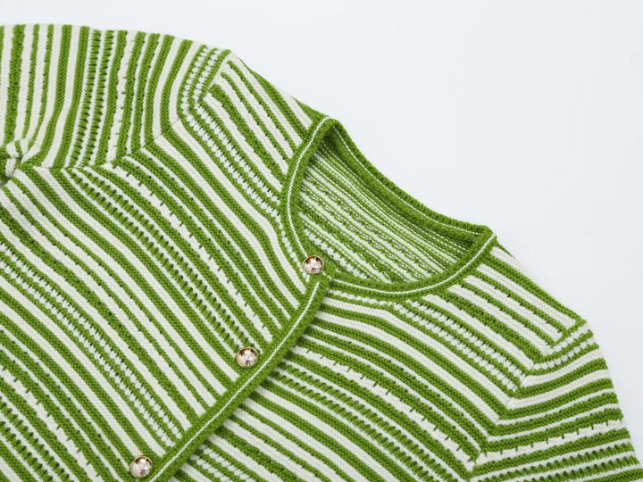 Green and white striped knit sweater neckline with O-neck and small button placket