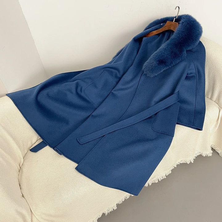 Elegant Natural Wool Fur Long Coat