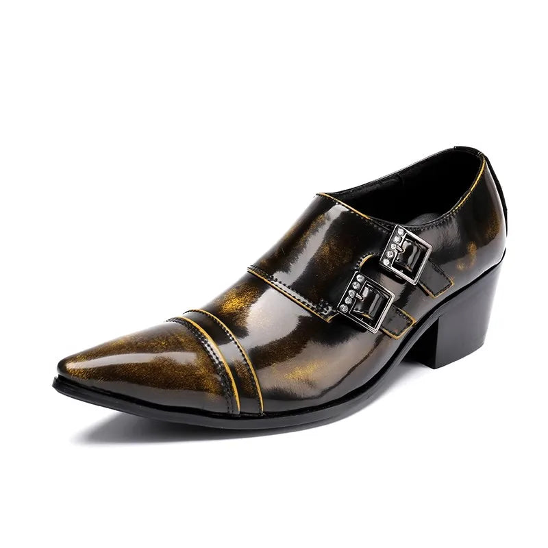 Men's golden and black patent dress shoe, pointed toe, side view, two buckle straps
