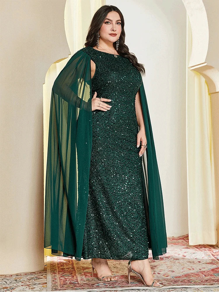 Cape Sequined Plus Size Women's Party Gown