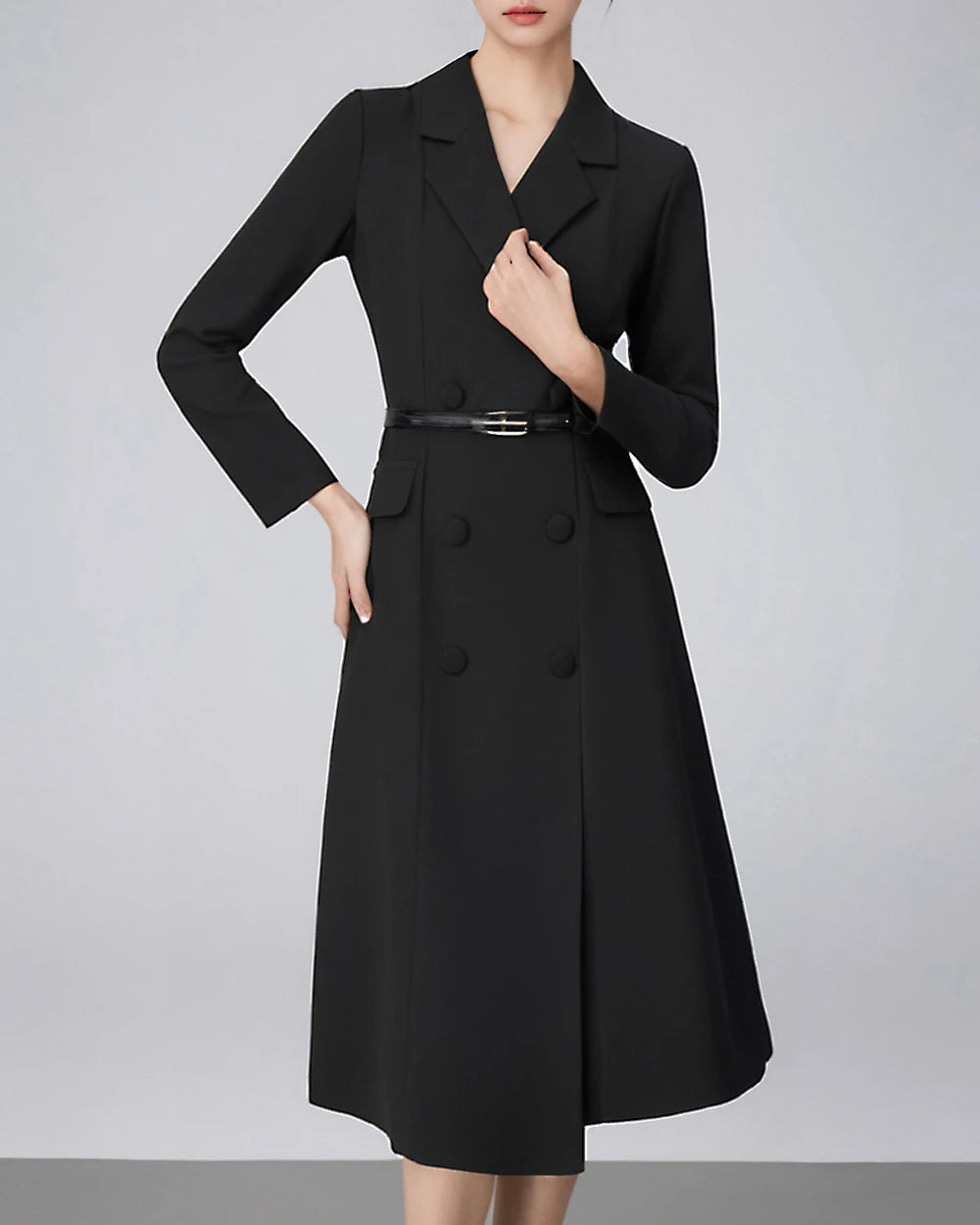 Black tailored midi dress with V-neck, long sleeves, waist belt, and double-button skirt front