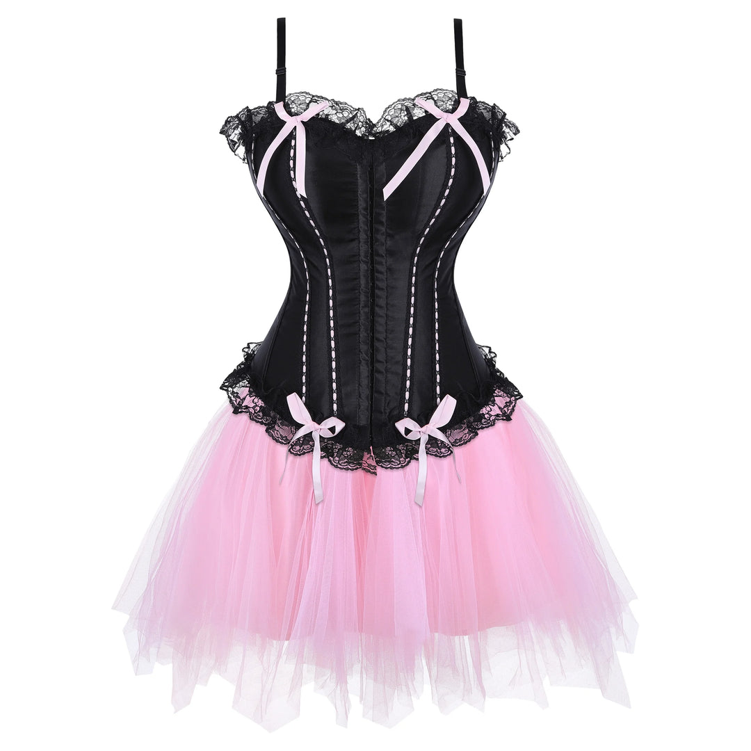 Black corset dress with pink tulle skirt and lace trim, bow accents at waist