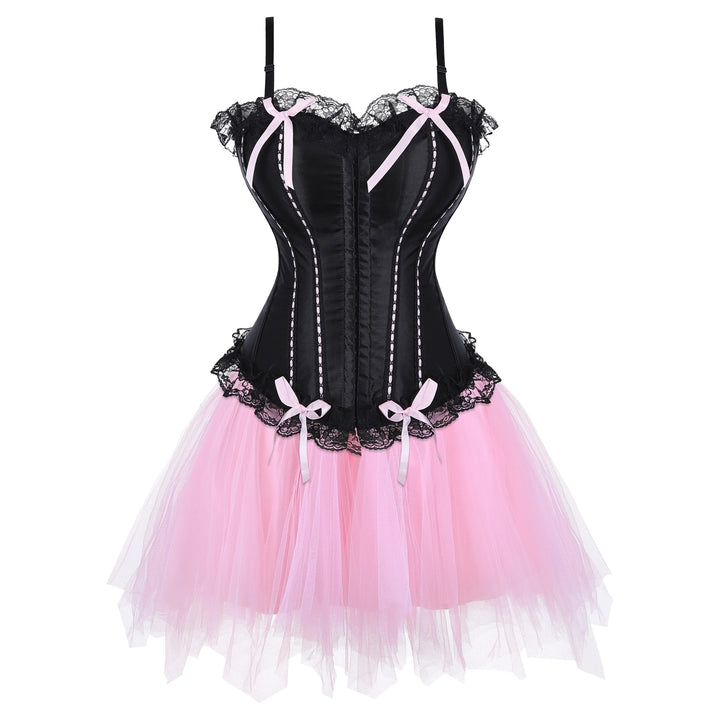 Black corset dress with pink tulle skirt and lace trim, bow accents at waist