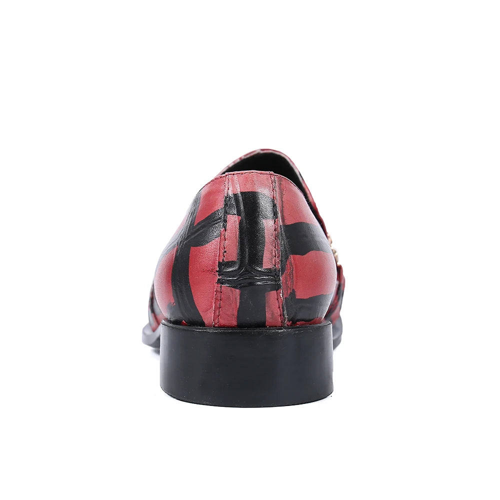 Back view of red and black striped pointed-toe loafer with low block heel