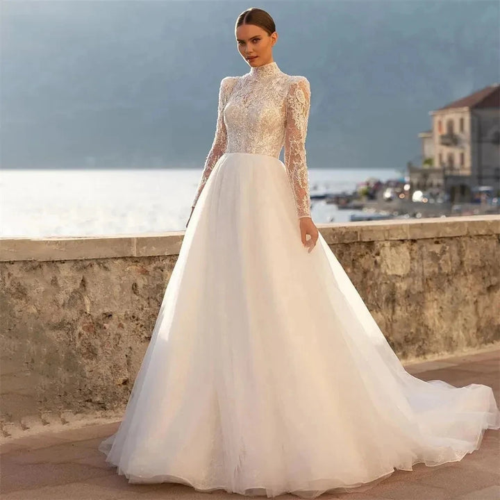 Charming High Collar Princess Wedding Gown