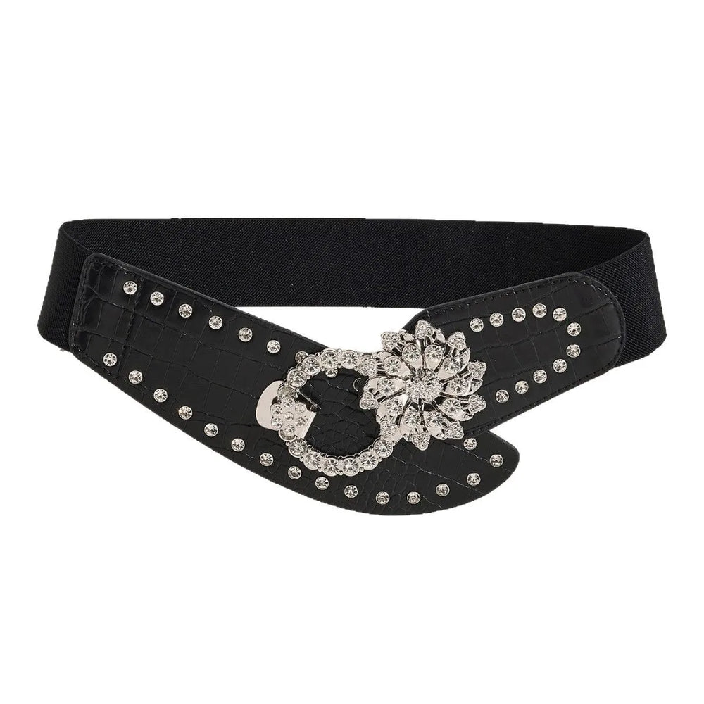 Black wide corset belt with silver studs and large rhinestone floral buckle