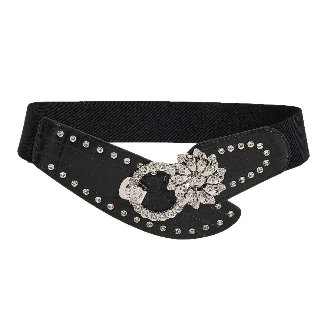 Black wide corset belt with silver studs and large rhinestone floral buckle