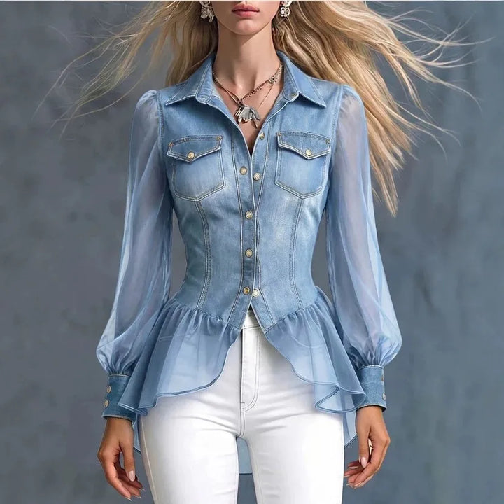 Women’s light blue denim peplum blouse with button front and gathered waist ruffle