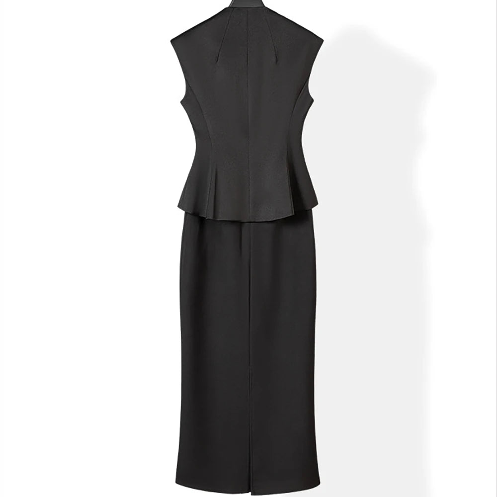 Black womens back view peplum vest and mid-calf skirt set, sleeveless tailored