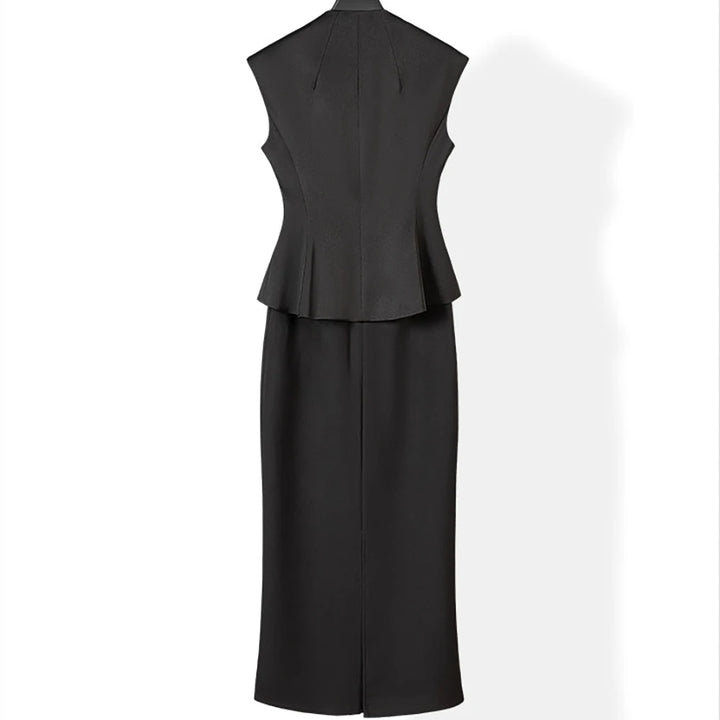Black womens back view peplum vest and mid-calf skirt set, sleeveless tailored