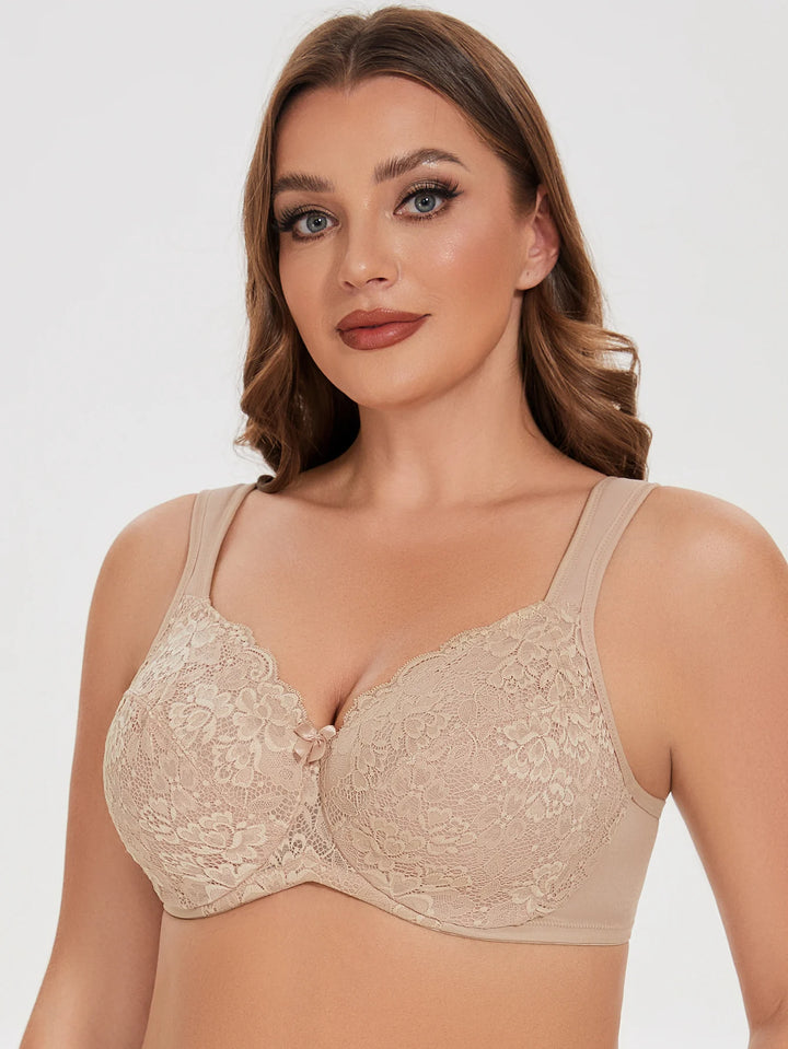 Beige lace underwire bra front view with scalloped neckline and lace texture