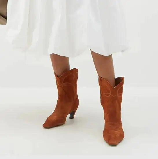 Rust-brown faux suede cowboy boots with pointed toe and low block heel (pair view)
