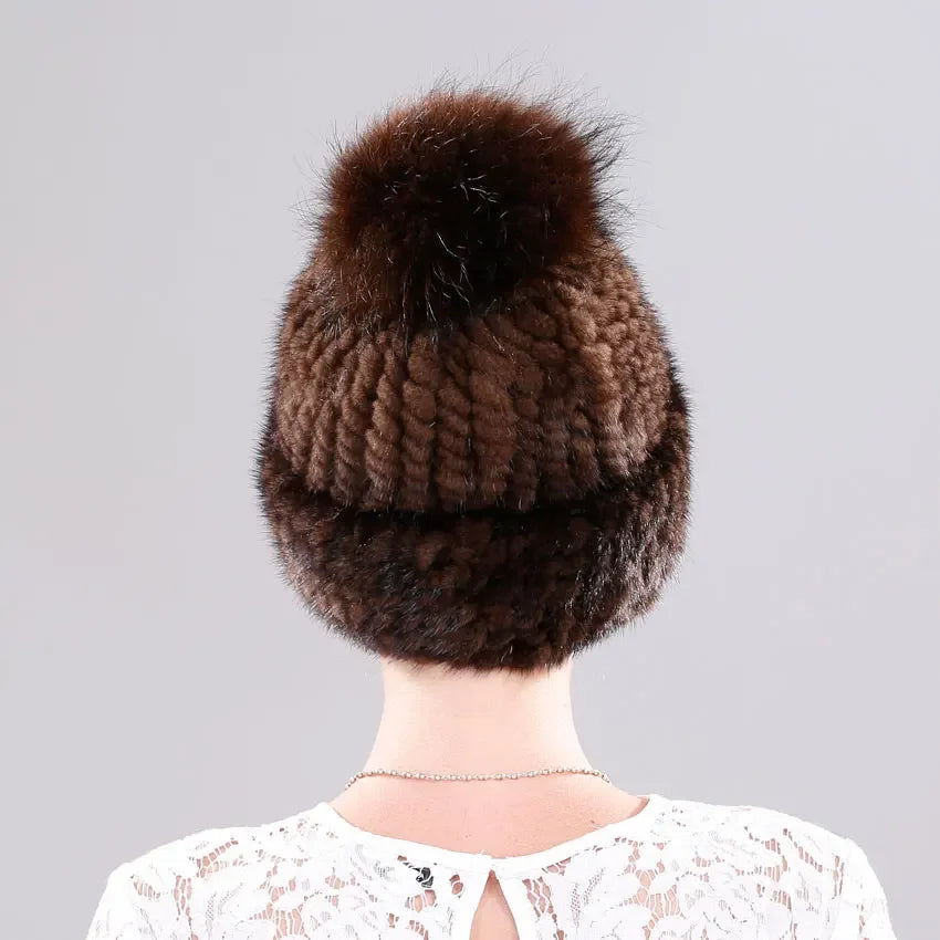 Luxury Fur Pompom Knitted Beanie Cap