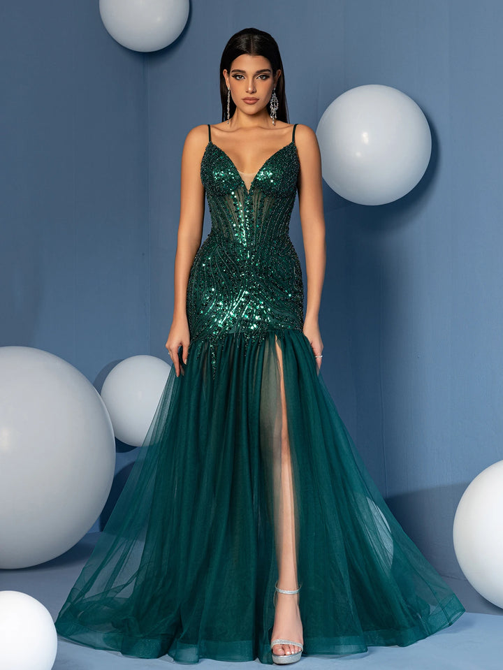 Stunning Deep V Neck Evening Gown