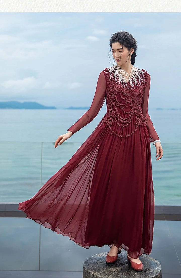 Red Silk Crochet Flower Dress