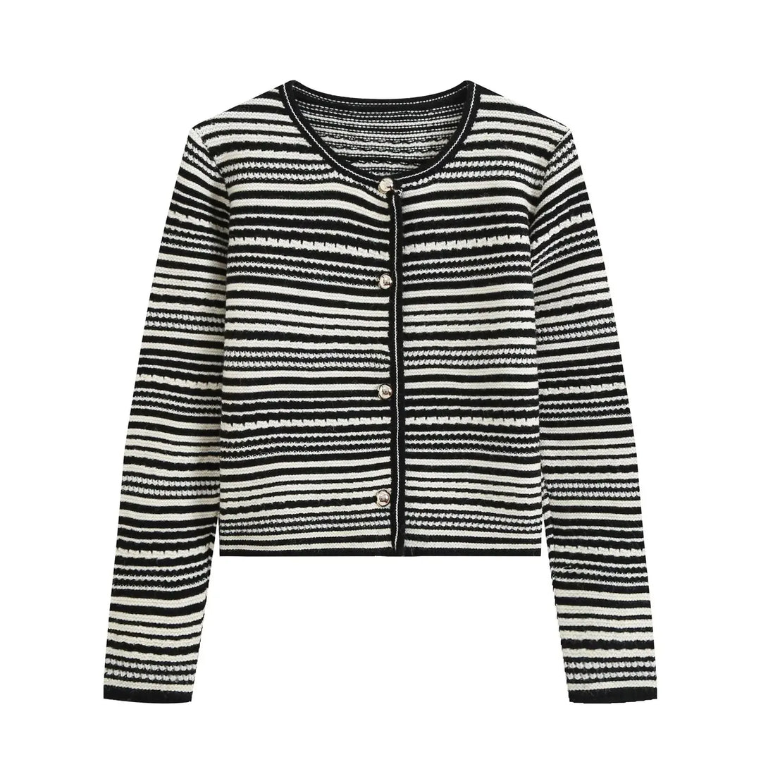 Black and white striped knit cardigan with button front and ribbed crew neckline