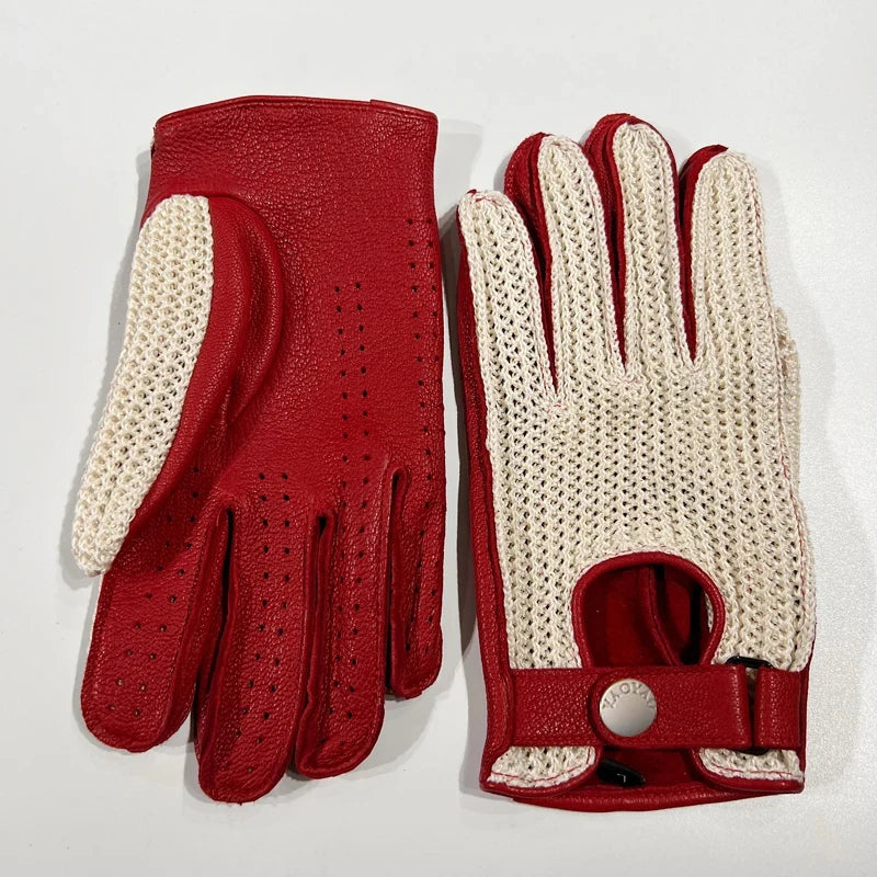 Pair of red leather men’s gloves with cream knit tops and snap strap closure.