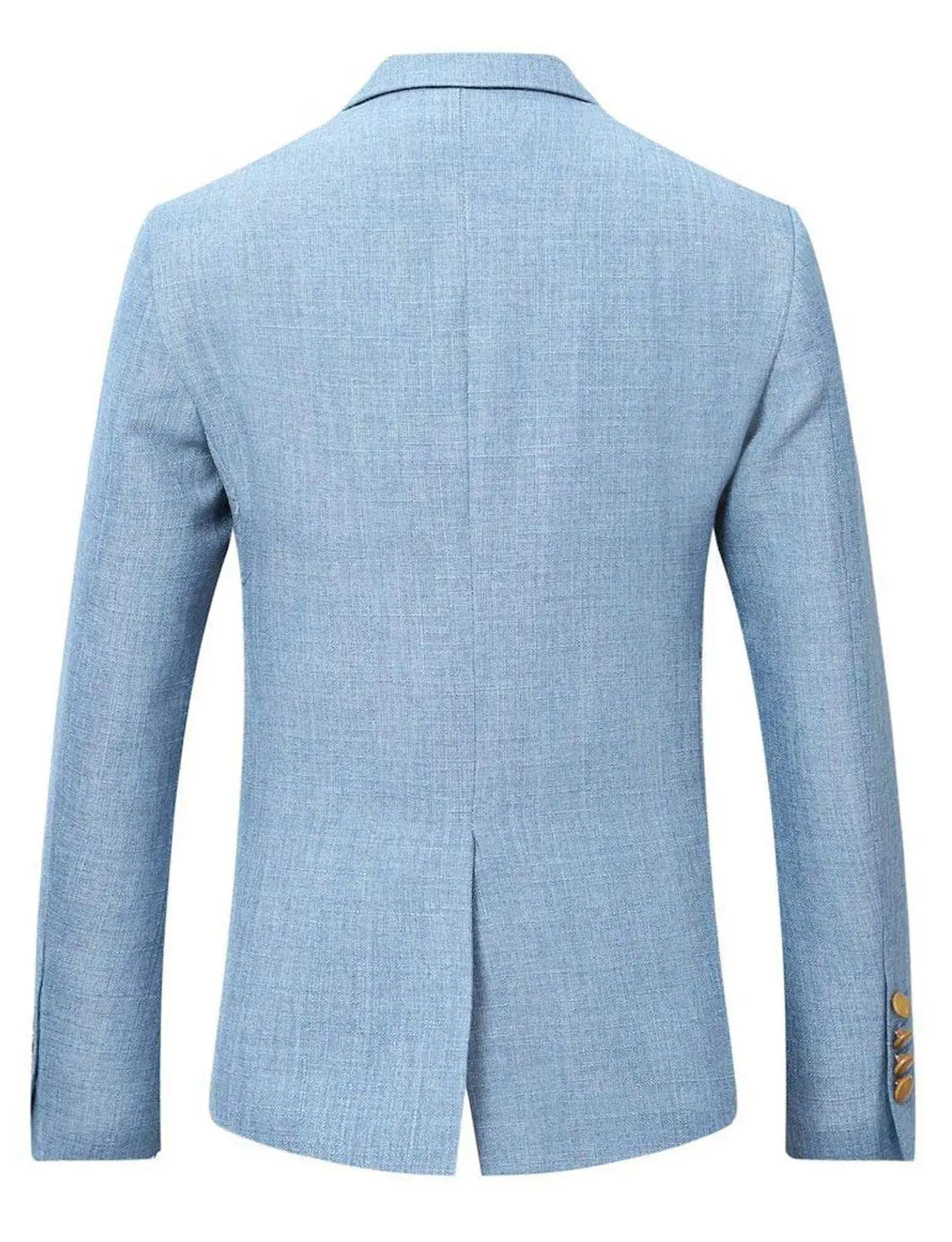 Light blue slim-fit blazer back view with center vent