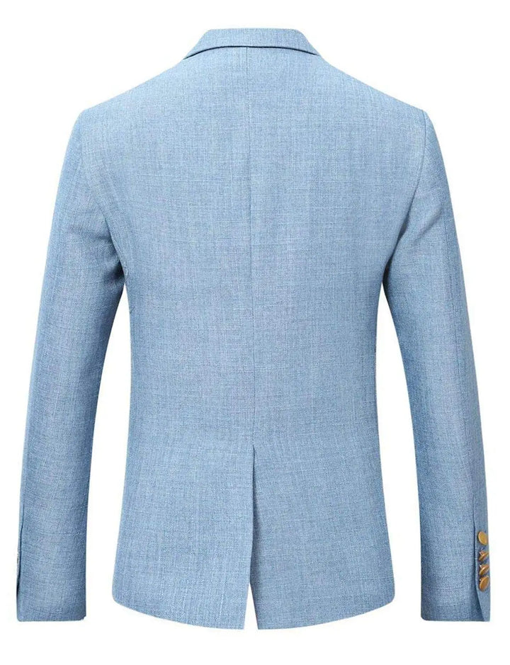 Light blue slim-fit blazer back view with center vent