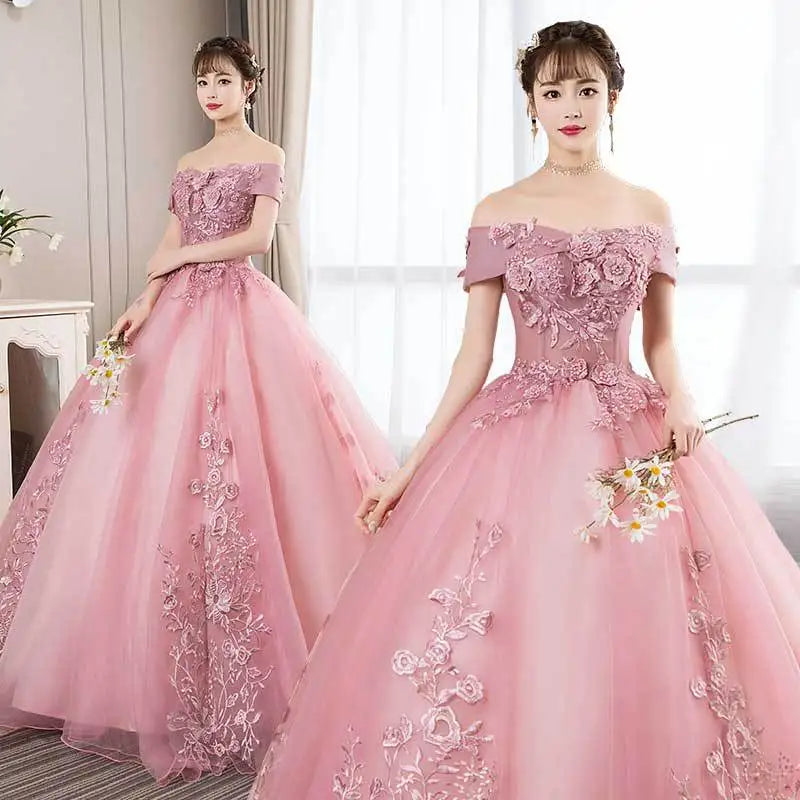 Pink off-shoulder party gown with embroidered floral bodice and fluffy tulle skirt
