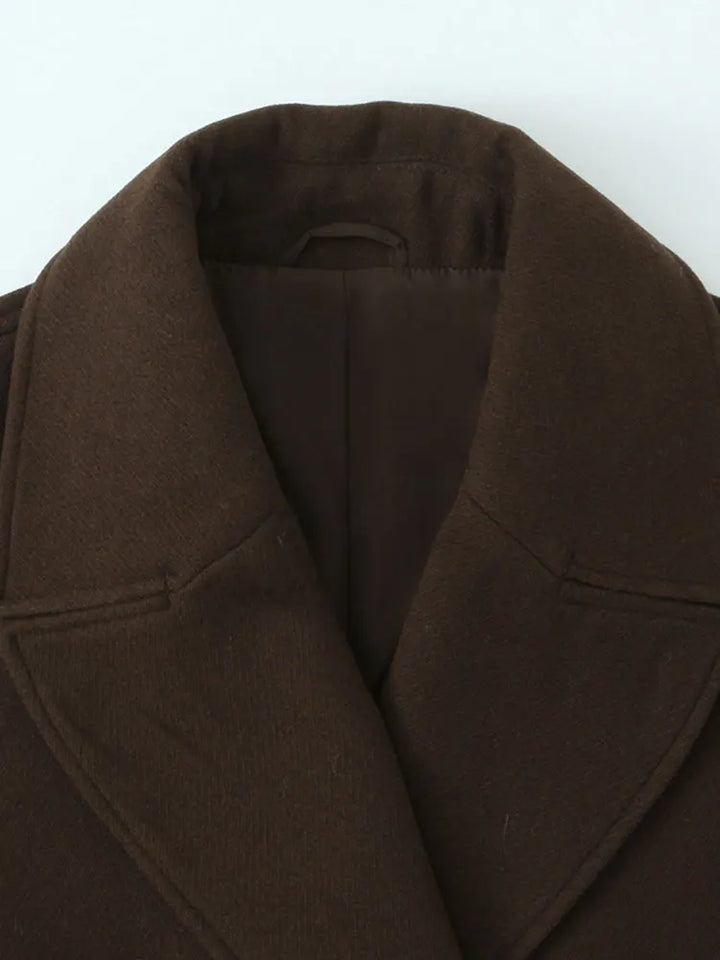 Dark brown overcoat with notched lapels and inner collar lining