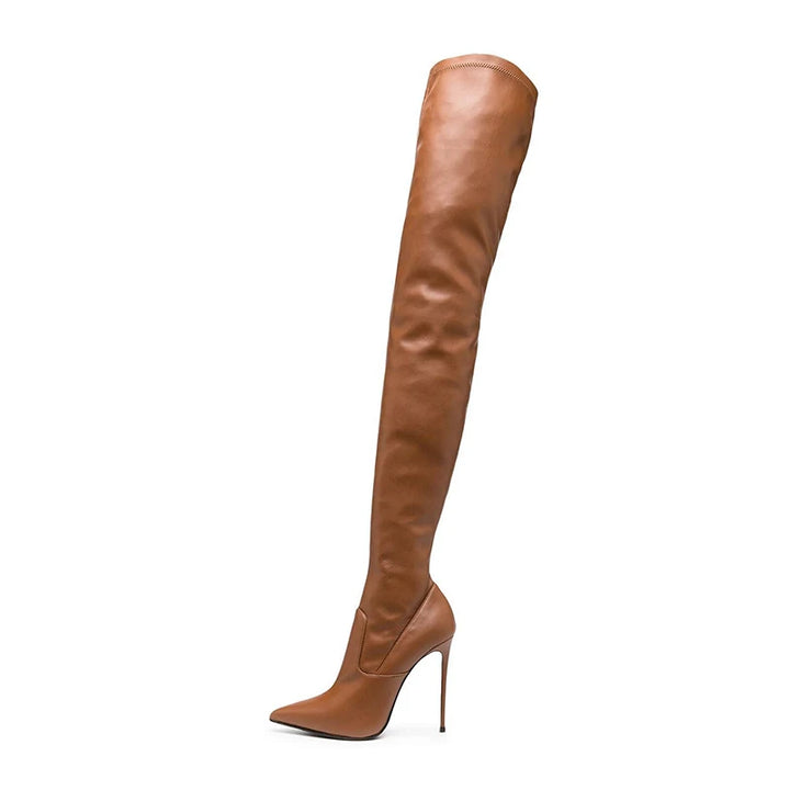 Tan knee-high skinny heel boots with pointed toe