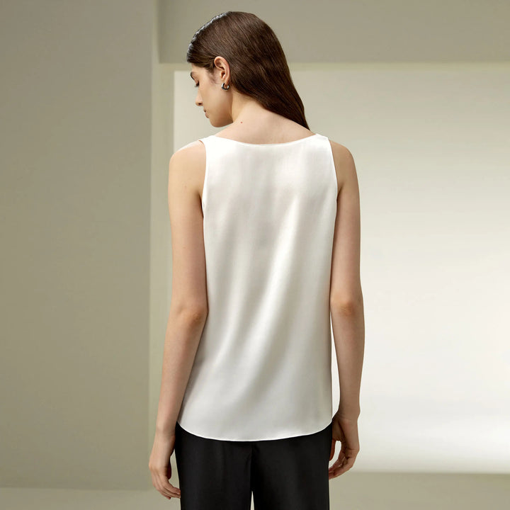 Women’s silk relaxed tank top, natural white, racerback-style back view