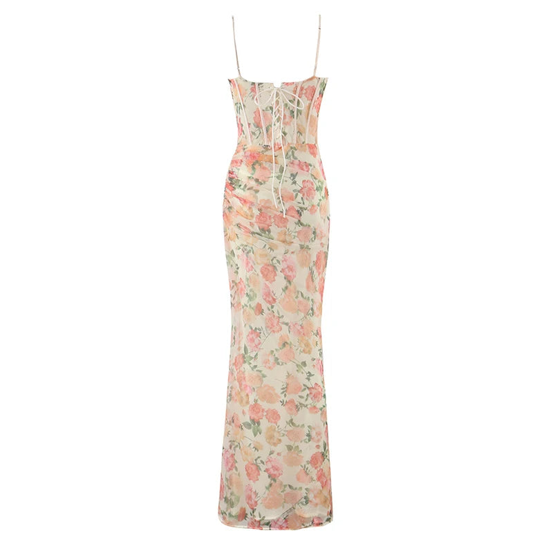 Floral print bodycon maxi dress with spaghetti straps, fitted straight skirt