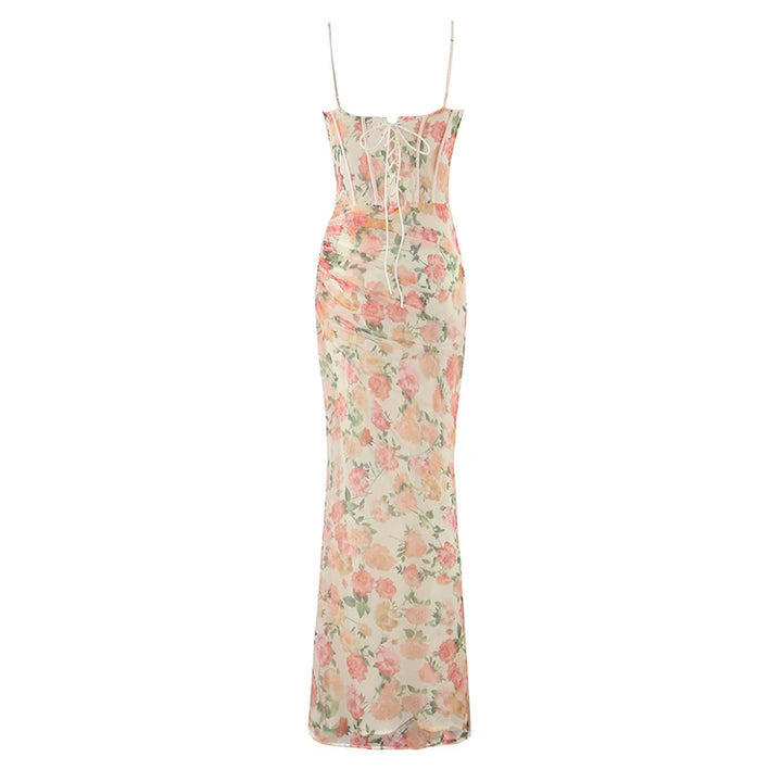 Floral print bodycon maxi dress with spaghetti straps, fitted straight skirt